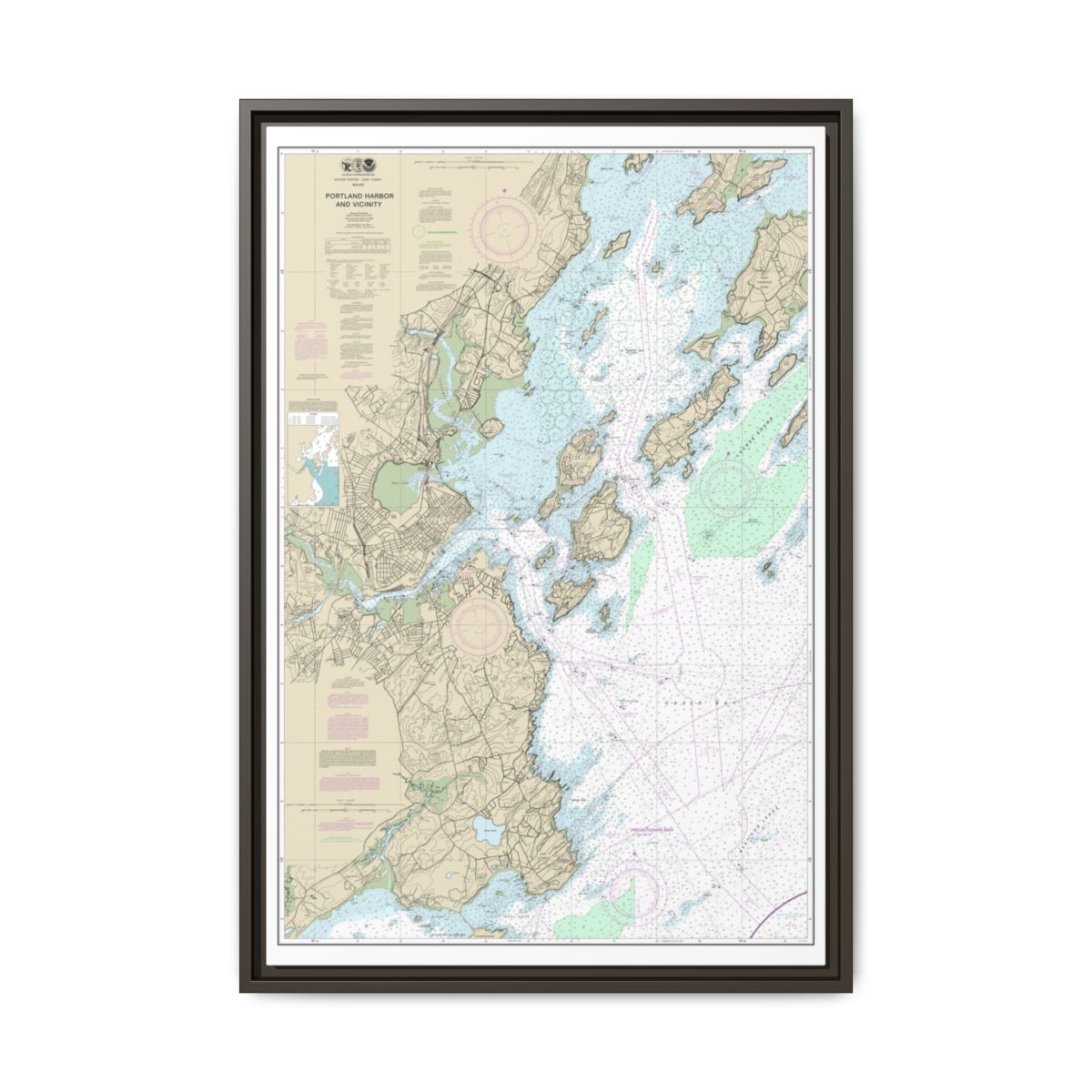 Chart 13292 Portland Harbor and Vicinity - NOAA Nautical Chart Floating Frame Canvas | 20" x 30" | 24" x 36" | 32" x 48" - Espresso front