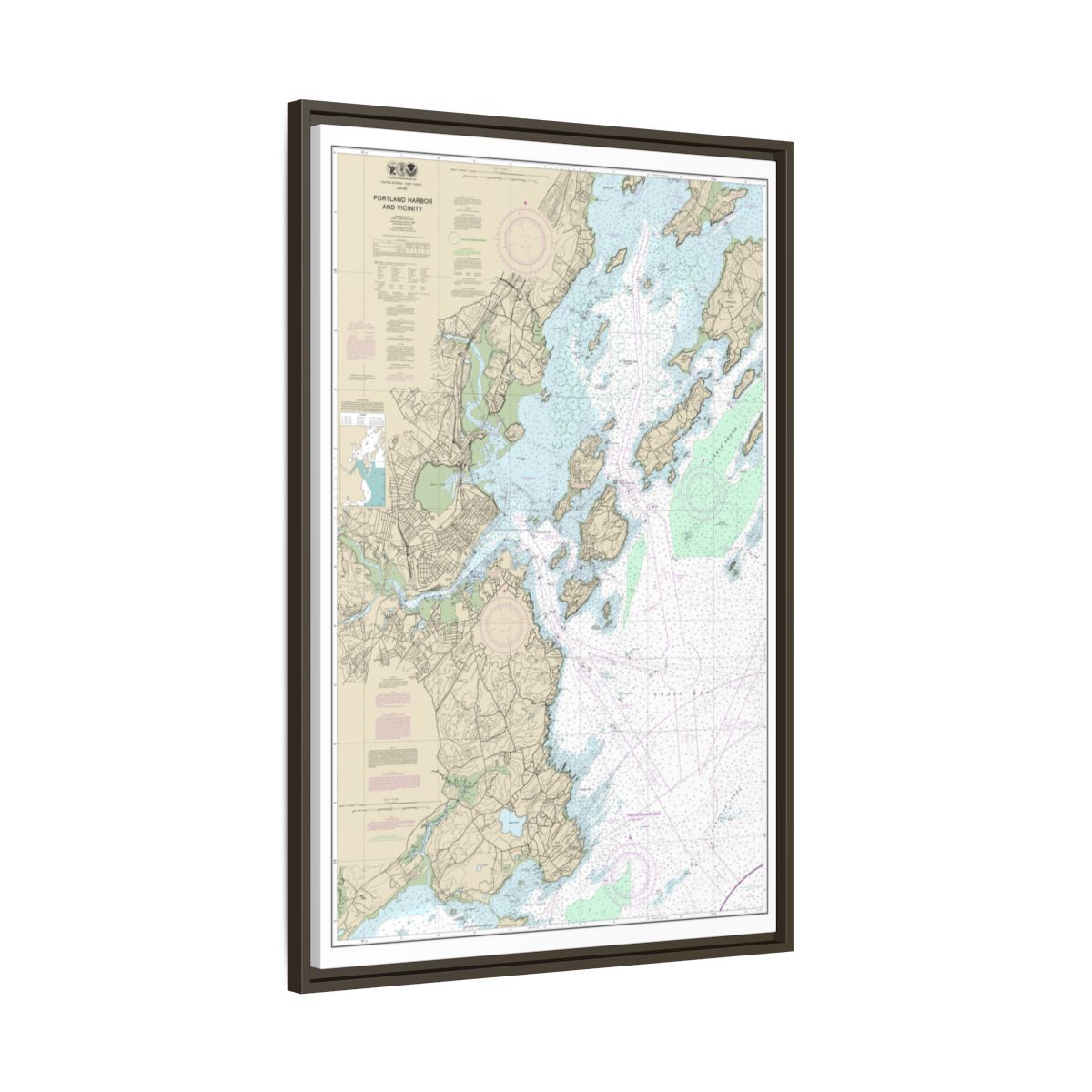 Chart 13292 Portland Harbor and Vicinity - NOAA Nautical Chart Floating Frame Canvas | 20" x 30" | 24" x 36" | 32" x 48" - Espresso side