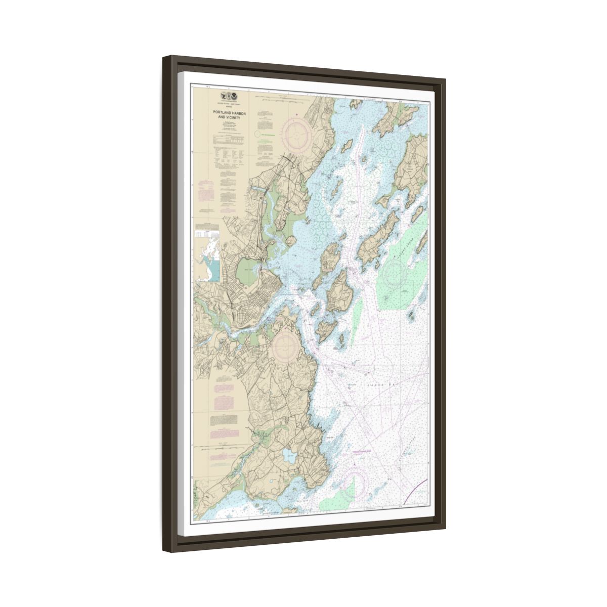 Chart 13292 Portland Harbor and Vicinity - NOAA Nautical Chart Floating Frame Canvas | 20" x 30" | 24" x 36" | 32" x 48" - Espresso side