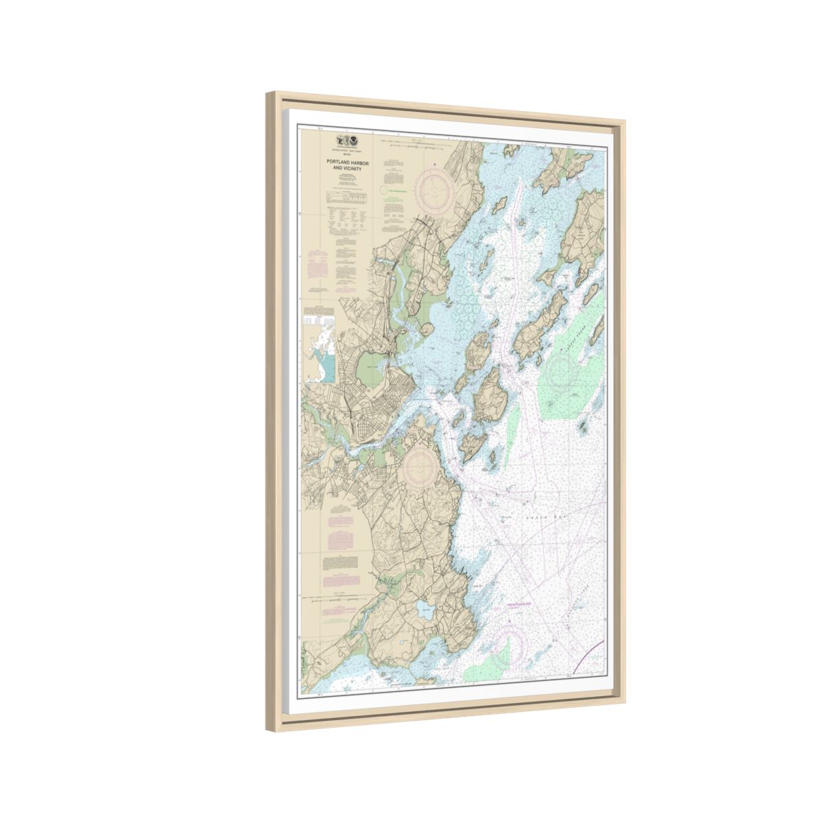 Chart 13292 Portland Harbor and Vicinity - NOAA Nautical Chart Floating Frame Canvas | 20" x 30" | 24" x 36" | 32" x 48" - Natural side