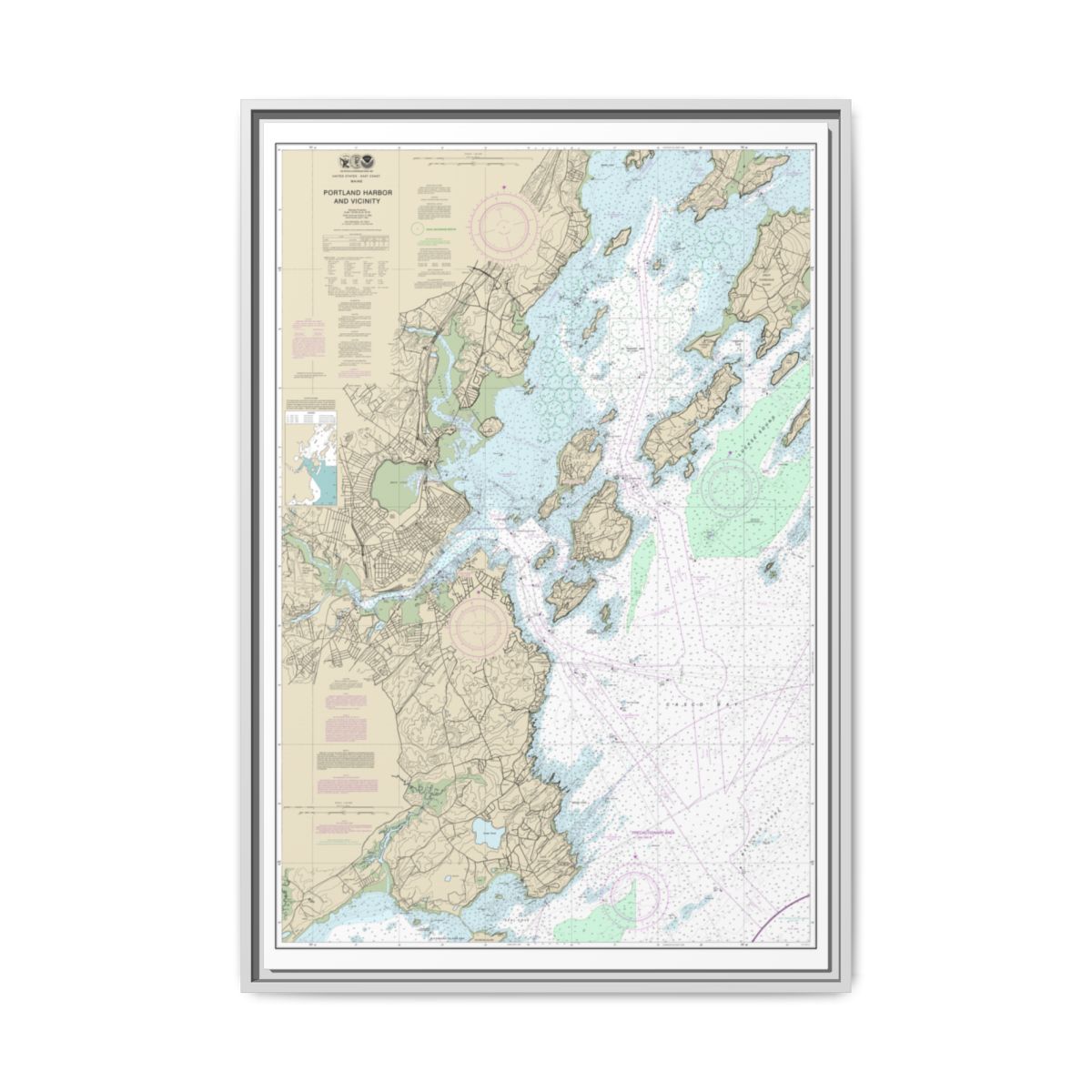 Chart 13292 Portland Harbor and Vicinity - NOAA Nautical Chart Floating Frame Canvas | 20" x 30" | 24" x 36" | 32" x 48" - White front