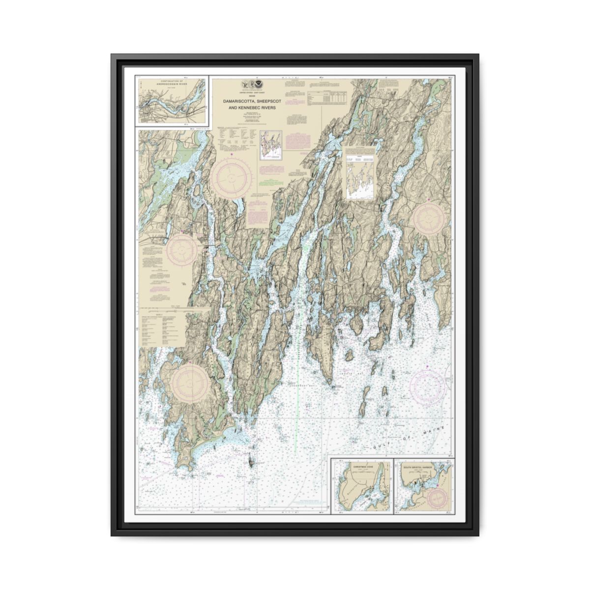 Chart 13293 Damariscotta, Sheepscot and Kennebec Rivers;South Bristol Harbor;Christmas Cove - NOAA Nautical Chart Floating Frame Canvas | 24" x 32" | 30" x 40" - Black front