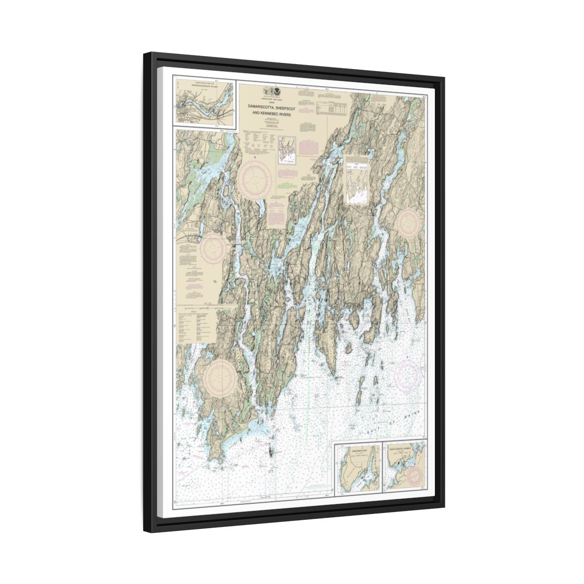 Chart 13293 Damariscotta, Sheepscot and Kennebec Rivers;South Bristol Harbor;Christmas Cove - NOAA Nautical Chart Floating Frame Canvas | 24" x 32" | 30" x 40" - Black side