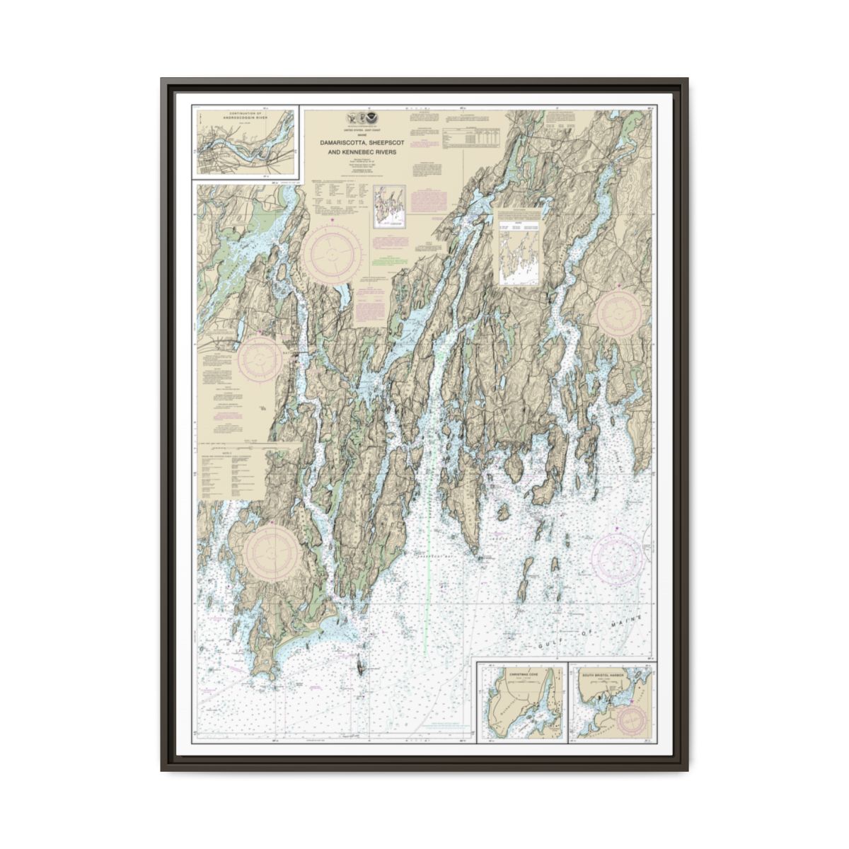 Chart 13293 Damariscotta, Sheepscot and Kennebec Rivers;South Bristol Harbor;Christmas Cove - NOAA Nautical Chart Floating Frame Canvas | 24" x 32" | 30" x 40" - Espresso front