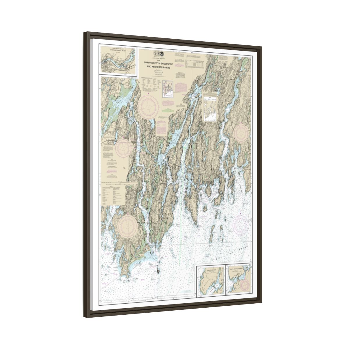 Chart 13293 Damariscotta, Sheepscot and Kennebec Rivers;South Bristol Harbor;Christmas Cove - NOAA Nautical Chart Floating Frame Canvas | 24" x 32" | 30" x 40" - Espresso side