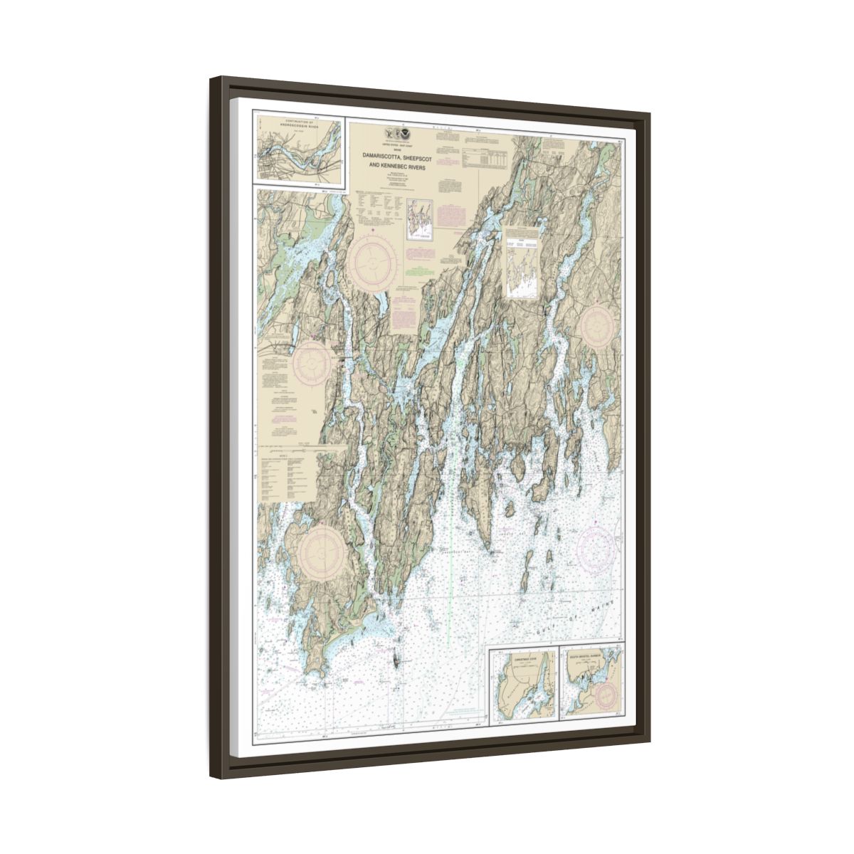 Chart 13293 Damariscotta, Sheepscot and Kennebec Rivers;South Bristol Harbor;Christmas Cove - NOAA Nautical Chart Floating Frame Canvas | 24" x 32" | 30" x 40" - Espresso side