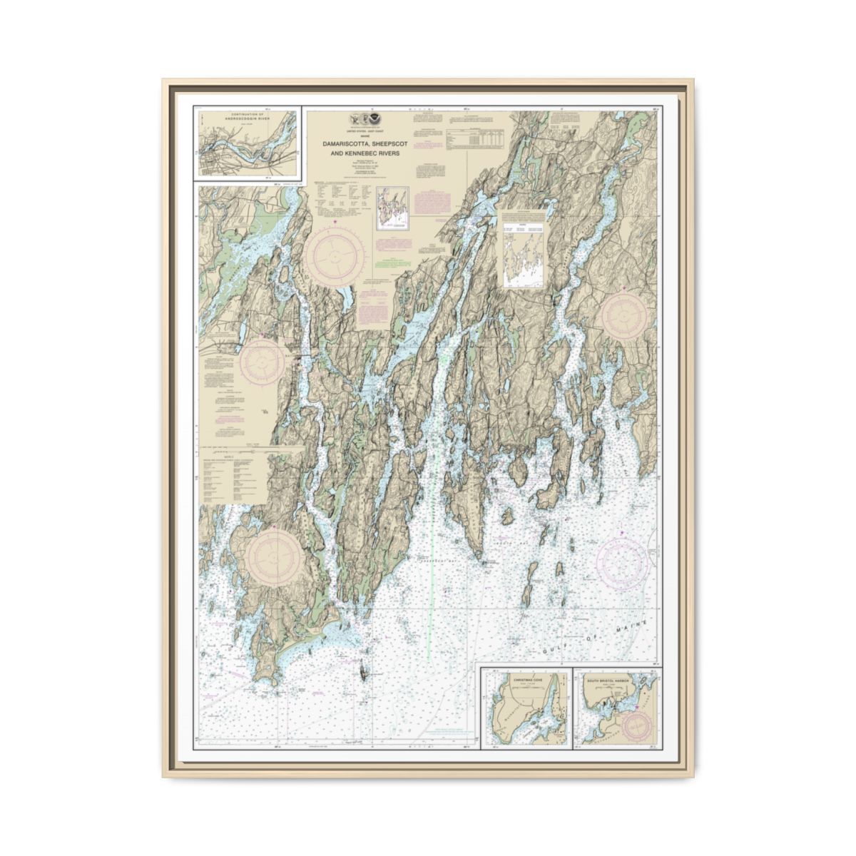 Chart 13293 Damariscotta, Sheepscot and Kennebec Rivers;South Bristol Harbor;Christmas Cove - NOAA Nautical Chart Floating Frame Canvas | 24" x 32" | 30" x 40" - Natural front