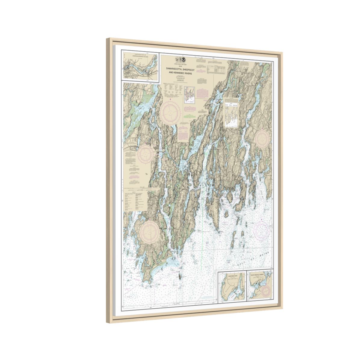 Chart 13293 Damariscotta, Sheepscot and Kennebec Rivers;South Bristol Harbor;Christmas Cove - NOAA Nautical Chart Floating Frame Canvas | 24" x 32" | 30" x 40" - Natural side