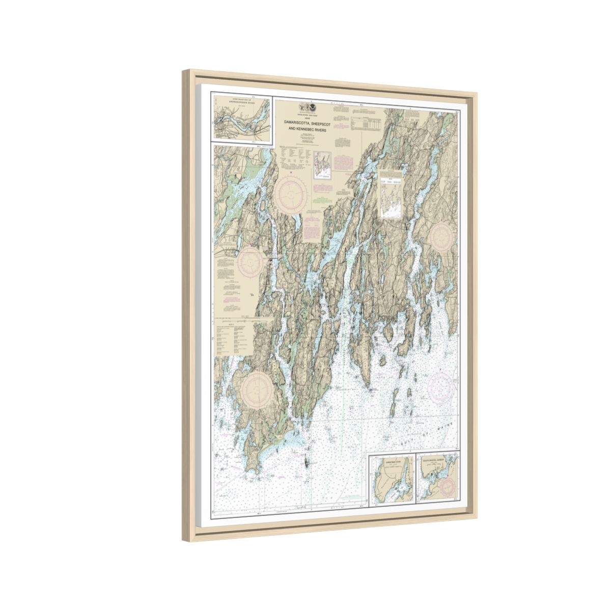 Chart 13293 Damariscotta, Sheepscot and Kennebec Rivers;South Bristol Harbor;Christmas Cove - NOAA Nautical Chart Floating Frame Canvas | 24" x 32" | 30" x 40" - Natural side