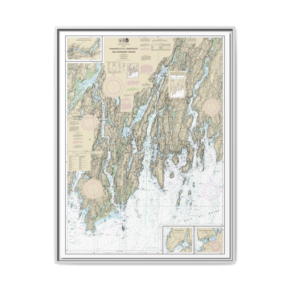 Chart 13293 Damariscotta, Sheepscot and Kennebec Rivers;South Bristol Harbor;Christmas Cove - NOAA Nautical Chart Floating Frame Canvas | 24" x 32" | 30" x 40" - White front