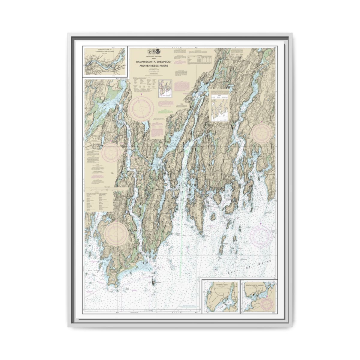 Chart 13293 Damariscotta, Sheepscot and Kennebec Rivers;South Bristol Harbor;Christmas Cove - NOAA Nautical Chart Floating Frame Canvas | 24" x 32" | 30" x 40" - White front