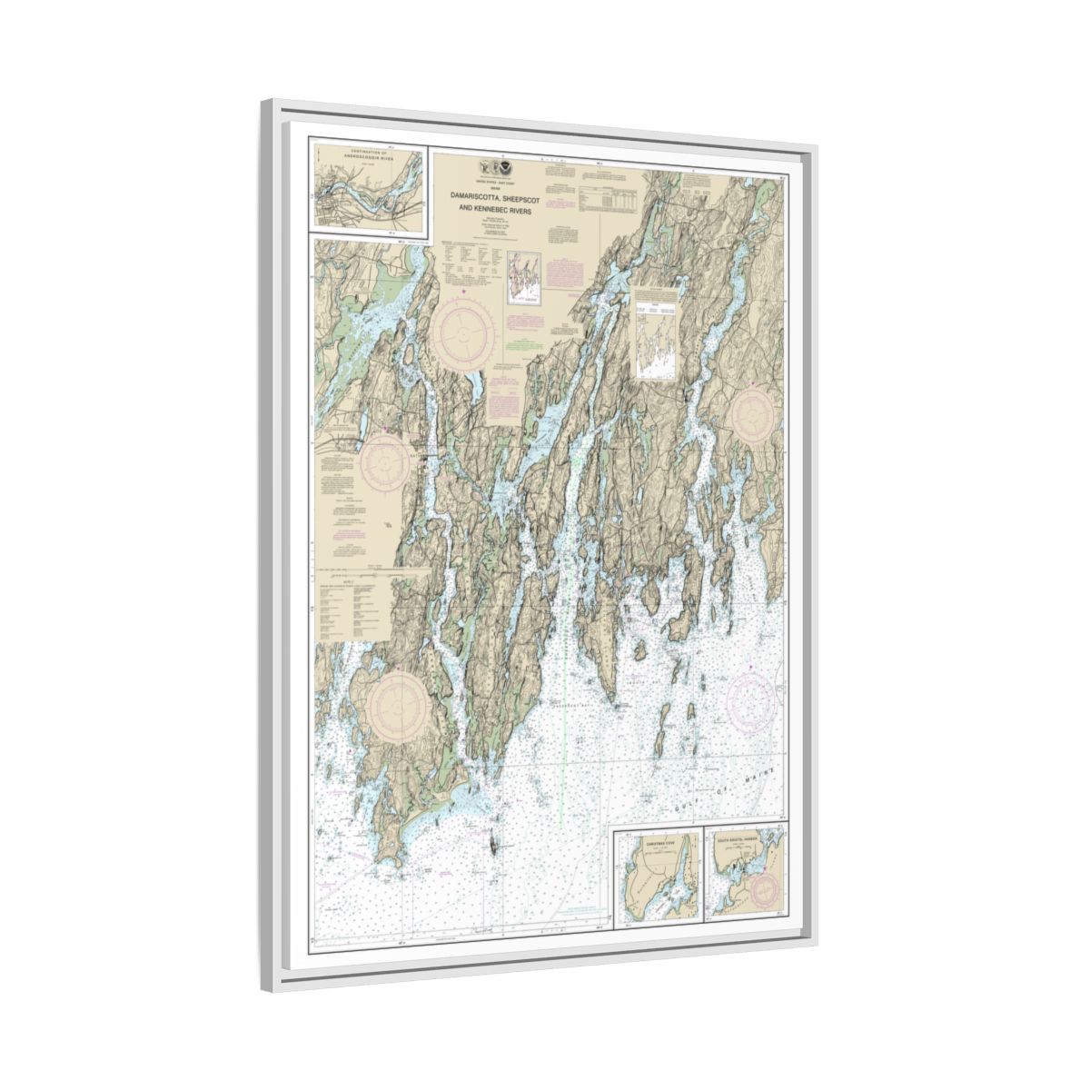 Chart 13293 Damariscotta, Sheepscot and Kennebec Rivers;South Bristol Harbor;Christmas Cove - NOAA Nautical Chart Floating Frame Canvas | 24" x 32" | 30" x 40" - White side