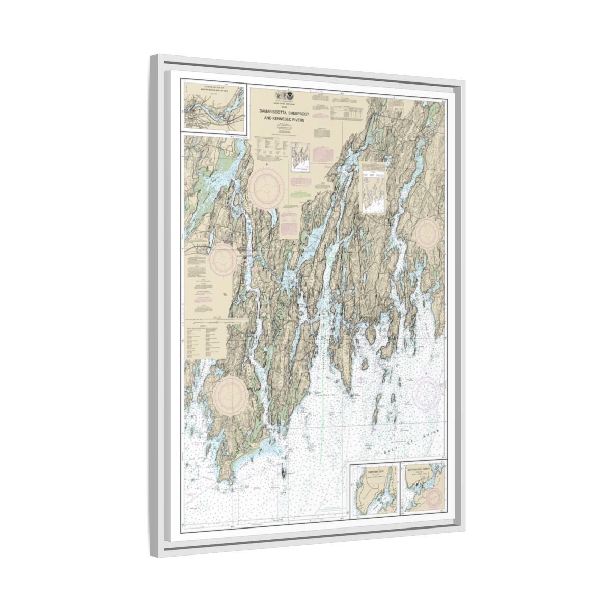 Chart 13293 Damariscotta, Sheepscot and Kennebec Rivers;South Bristol Harbor;Christmas Cove - NOAA Nautical Chart Floating Frame Canvas | 24" x 32" | 30" x 40" - White side