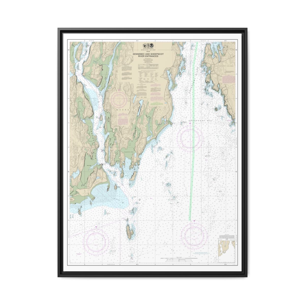 Chart 13295 Kennebec and Sheepscot River Entrances - NOAA Nautical Chart Floating Frame Canvas | 24" x 32" | 30" x 40" - Black front