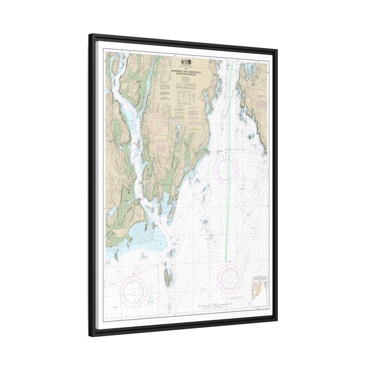 Chart 13295 Kennebec and Sheepscot River Entrances - NOAA Nautical Chart Floating Frame Canvas | 24" x 32" | 30" x 40" - Black side