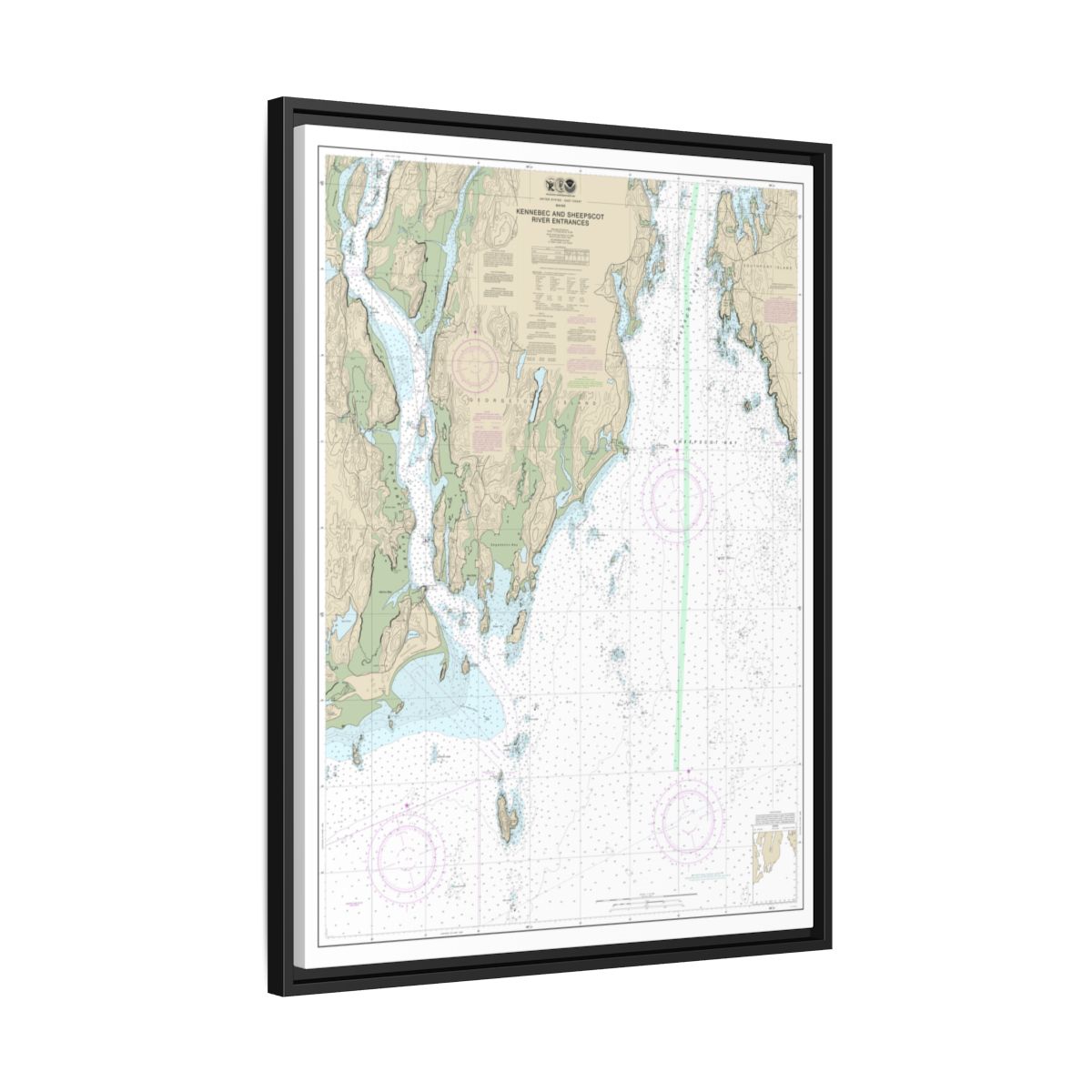 Chart 13295 Kennebec and Sheepscot River Entrances - NOAA Nautical Chart Floating Frame Canvas | 24" x 32" | 30" x 40" - Black side