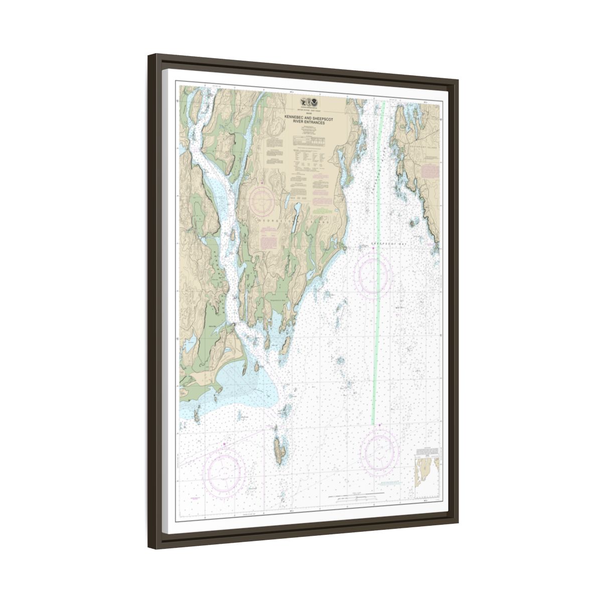 Chart 13295 Kennebec and Sheepscot River Entrances - NOAA Nautical Chart Floating Frame Canvas | 24" x 32" | 30" x 40" - Espresso side