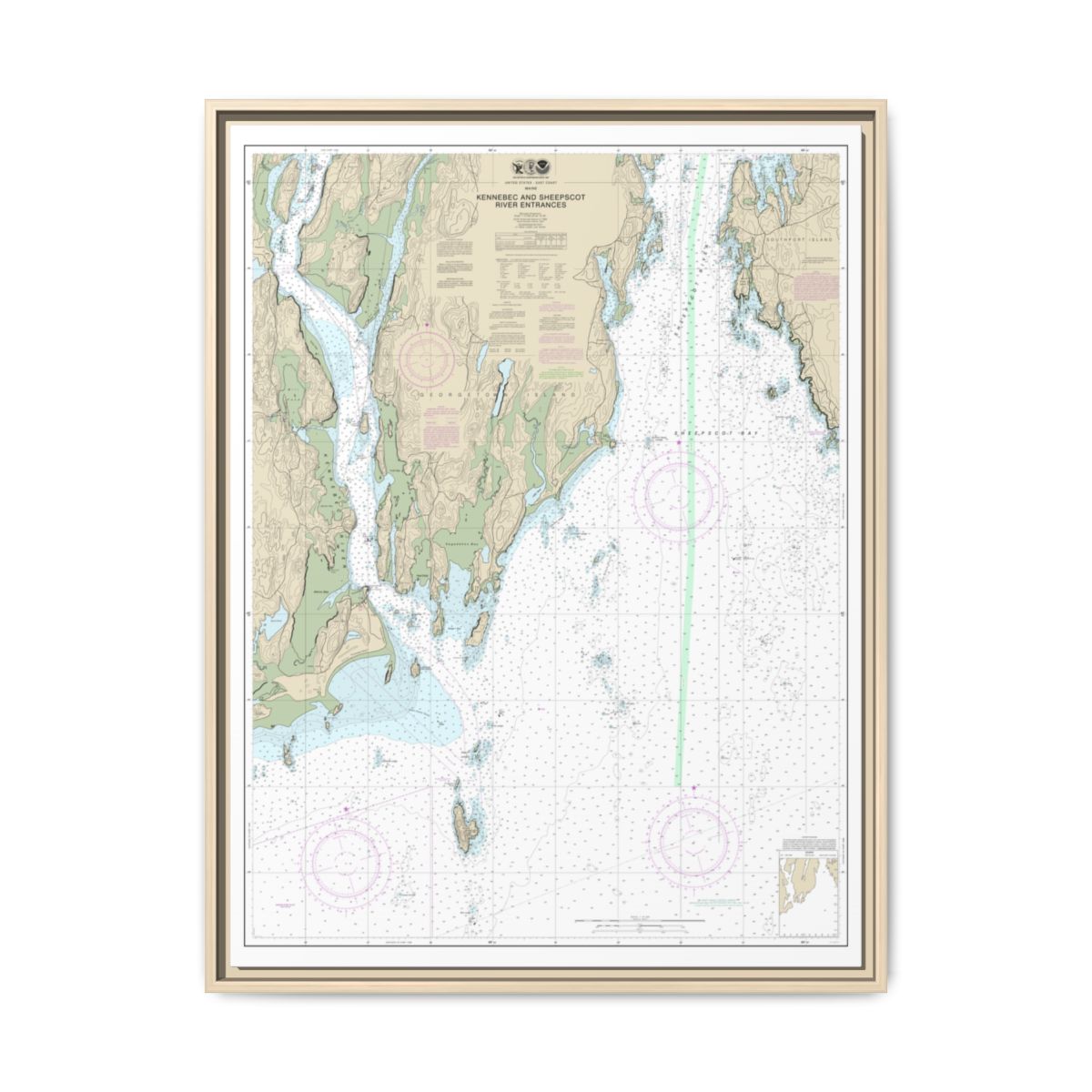 Chart 13295 Kennebec and Sheepscot River Entrances - NOAA Nautical Chart Floating Frame Canvas | 24" x 32" | 30" x 40" - Natural front