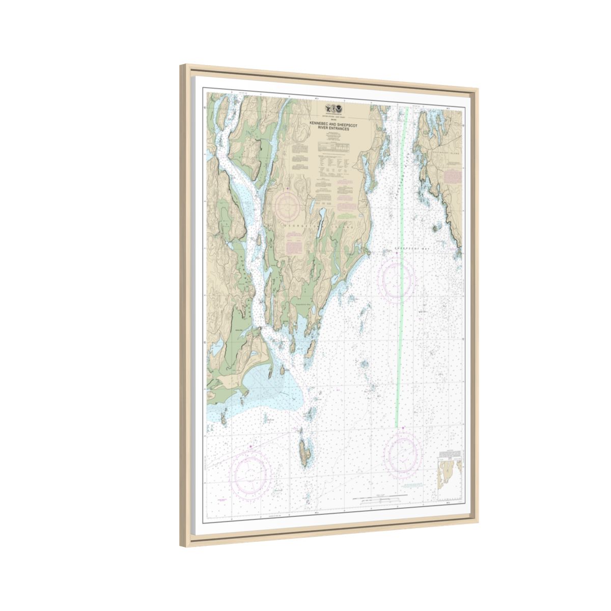 Chart 13295 Kennebec and Sheepscot River Entrances - NOAA Nautical Chart Floating Frame Canvas | 24" x 32" | 30" x 40" - Natural side
