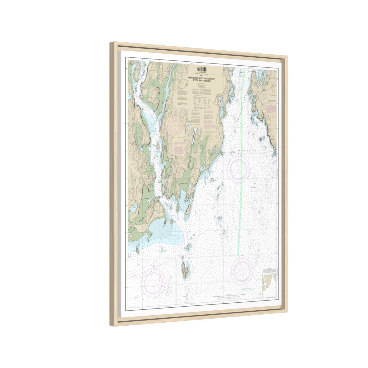 Chart 13295 Kennebec and Sheepscot River Entrances - NOAA Nautical Chart Floating Frame Canvas | 24" x 32" | 30" x 40" - Natural side