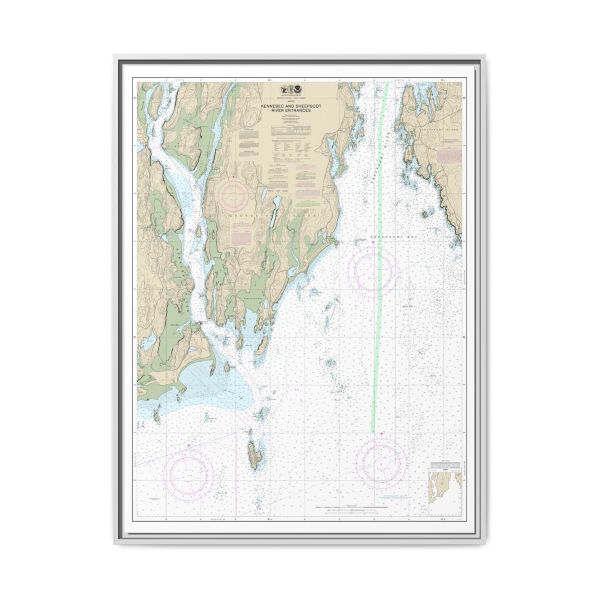 Chart 13295 Kennebec and Sheepscot River Entrances - NOAA Nautical Chart Floating Frame Canvas | 24" x 32" | 30" x 40" - White front
