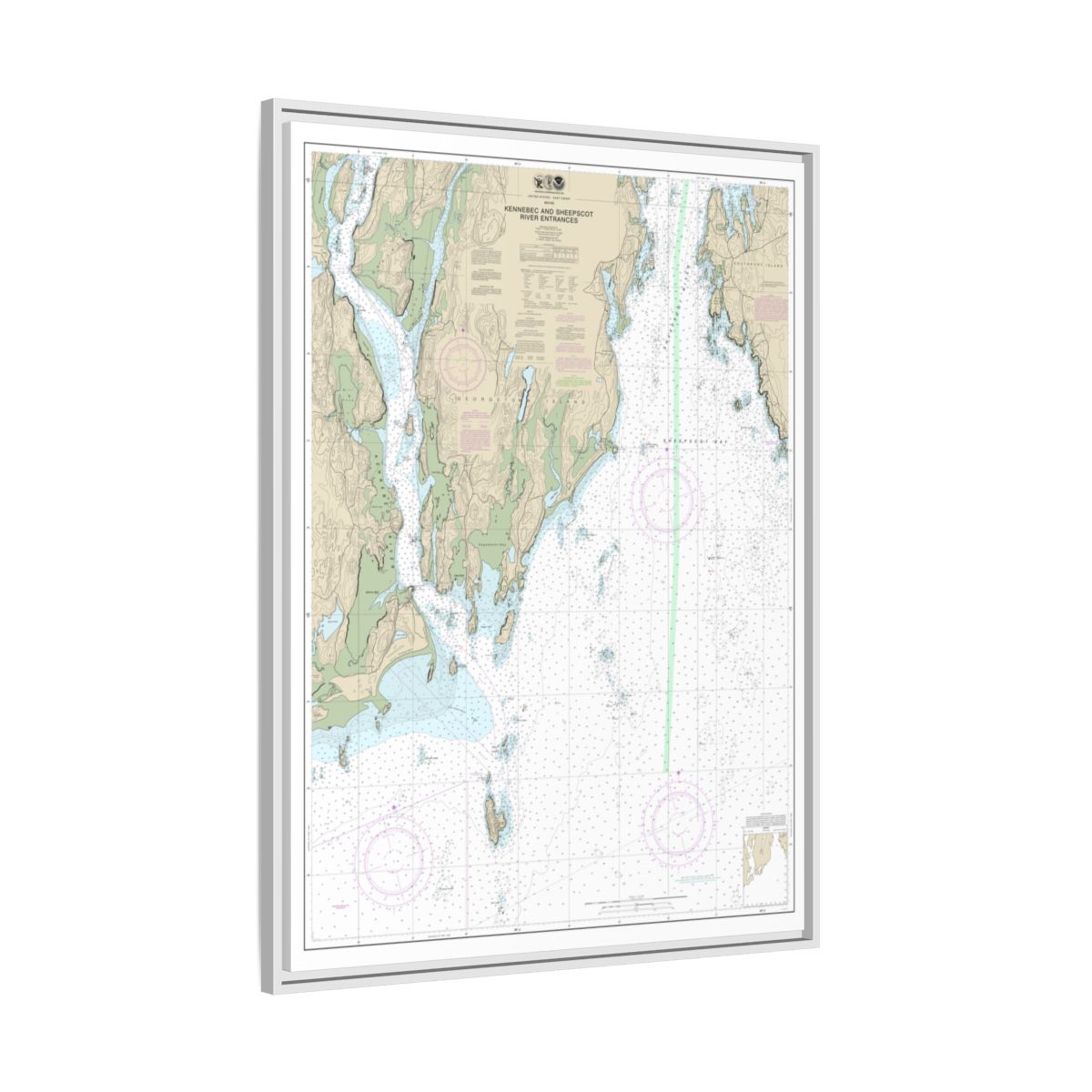 Chart 13295 Kennebec and Sheepscot River Entrances - NOAA Nautical Chart Floating Frame Canvas | 24" x 32" | 30" x 40" - White side