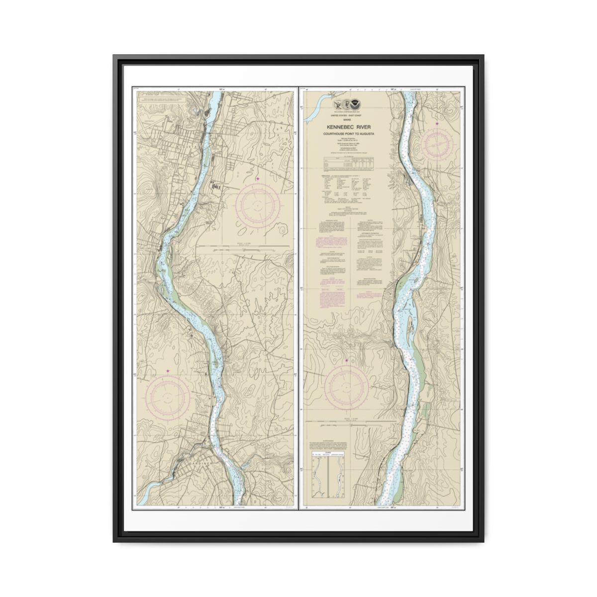 Chart 13297 Kennebec River Courthouse Point to Augusta - NOAA Nautical Chart Floating Frame Canvas | 24" x 32" | 30" x 40" - Black front