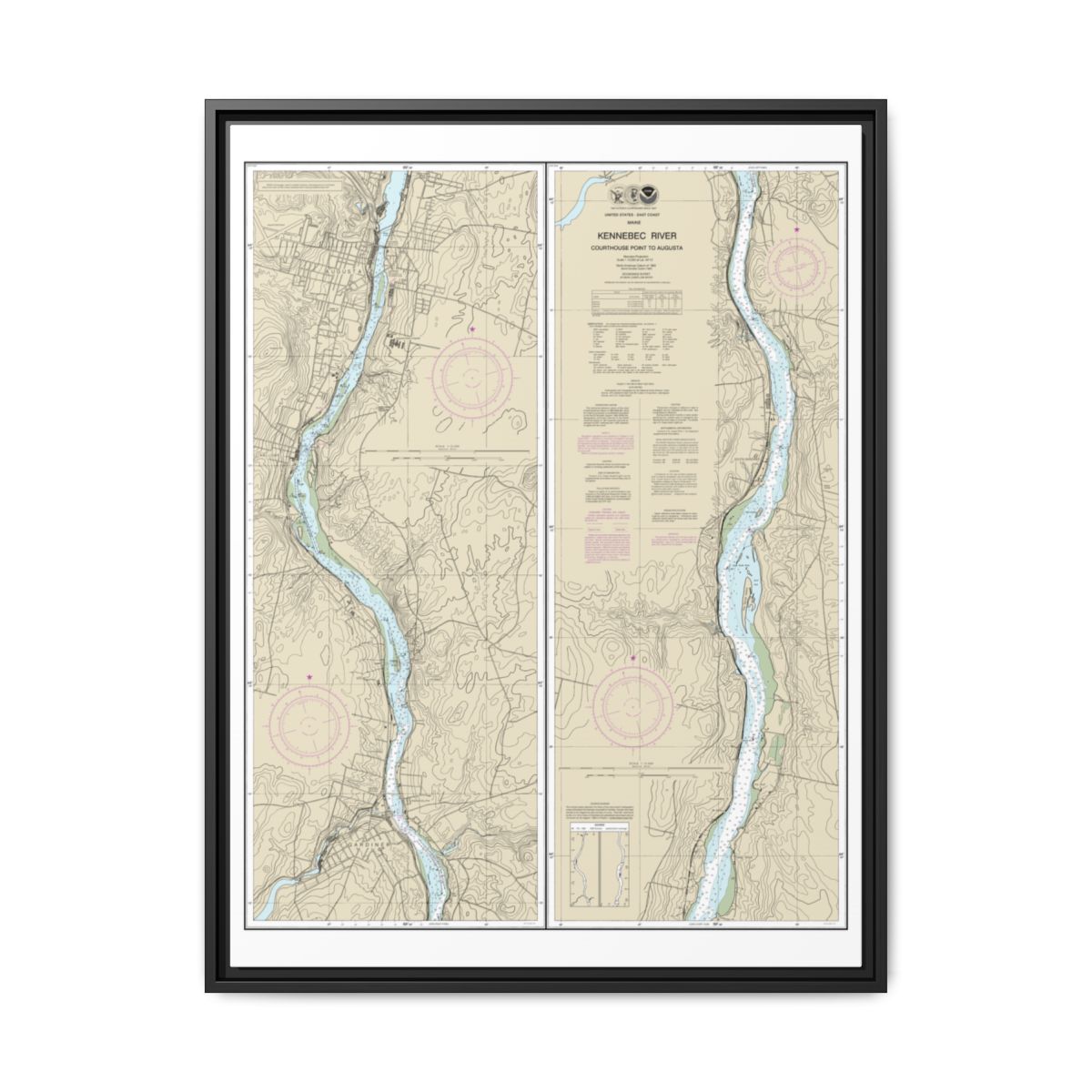 Chart 13297 Kennebec River Courthouse Point to Augusta - NOAA Nautical Chart Floating Frame Canvas | 24" x 32" | 30" x 40" - Black front