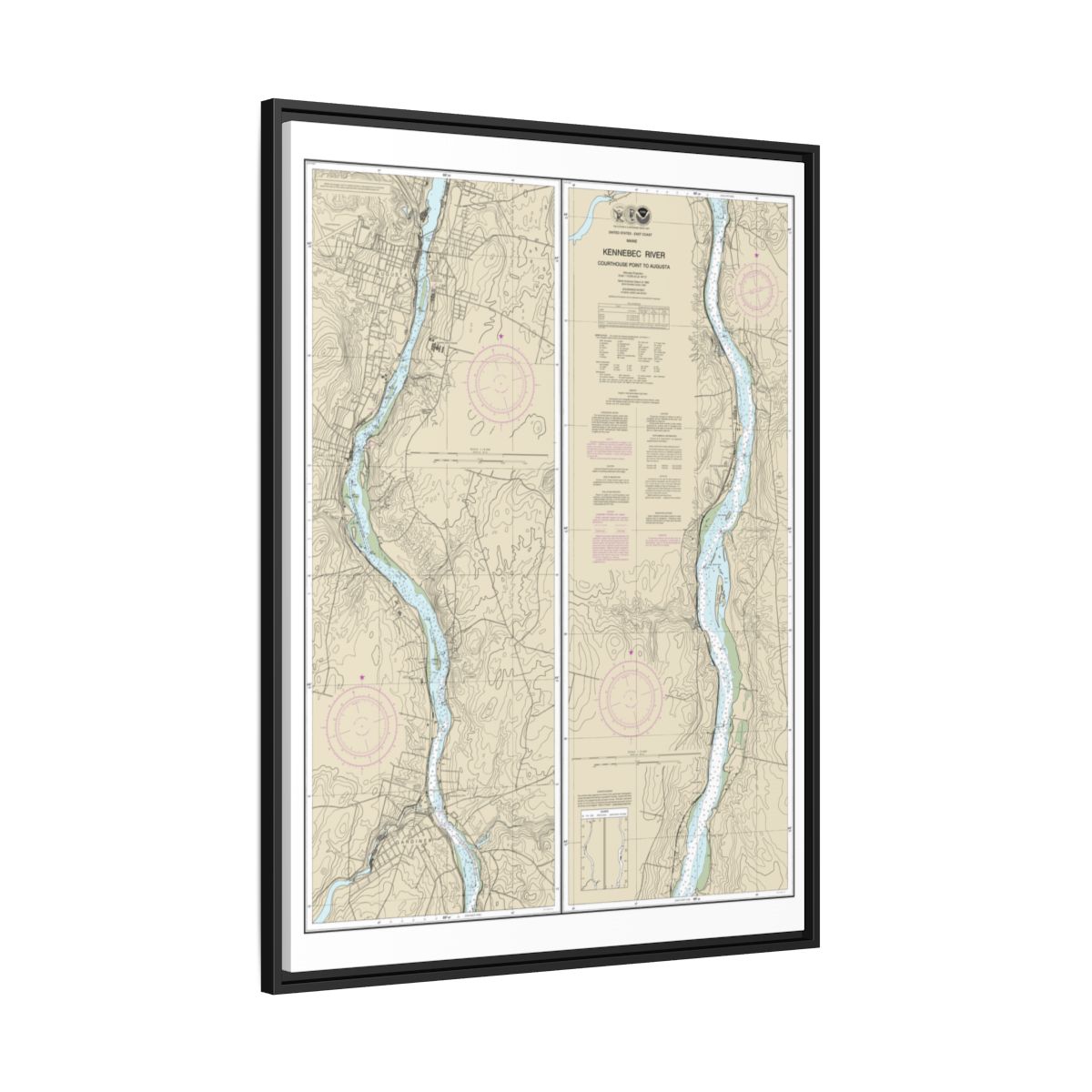 Chart 13297 Kennebec River Courthouse Point to Augusta - NOAA Nautical Chart Floating Frame Canvas | 24" x 32" | 30" x 40" - Black side