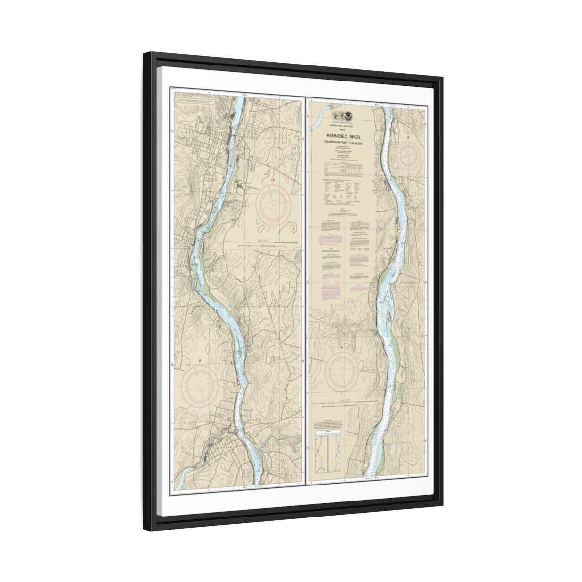 Chart 13297 Kennebec River Courthouse Point to Augusta - NOAA Nautical Chart Floating Frame Canvas | 24" x 32" | 30" x 40" - Black side