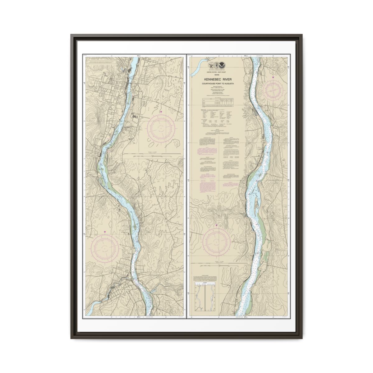 Chart 13297 Kennebec River Courthouse Point to Augusta - NOAA Nautical Chart Floating Frame Canvas | 24" x 32" | 30" x 40" - Espresso front