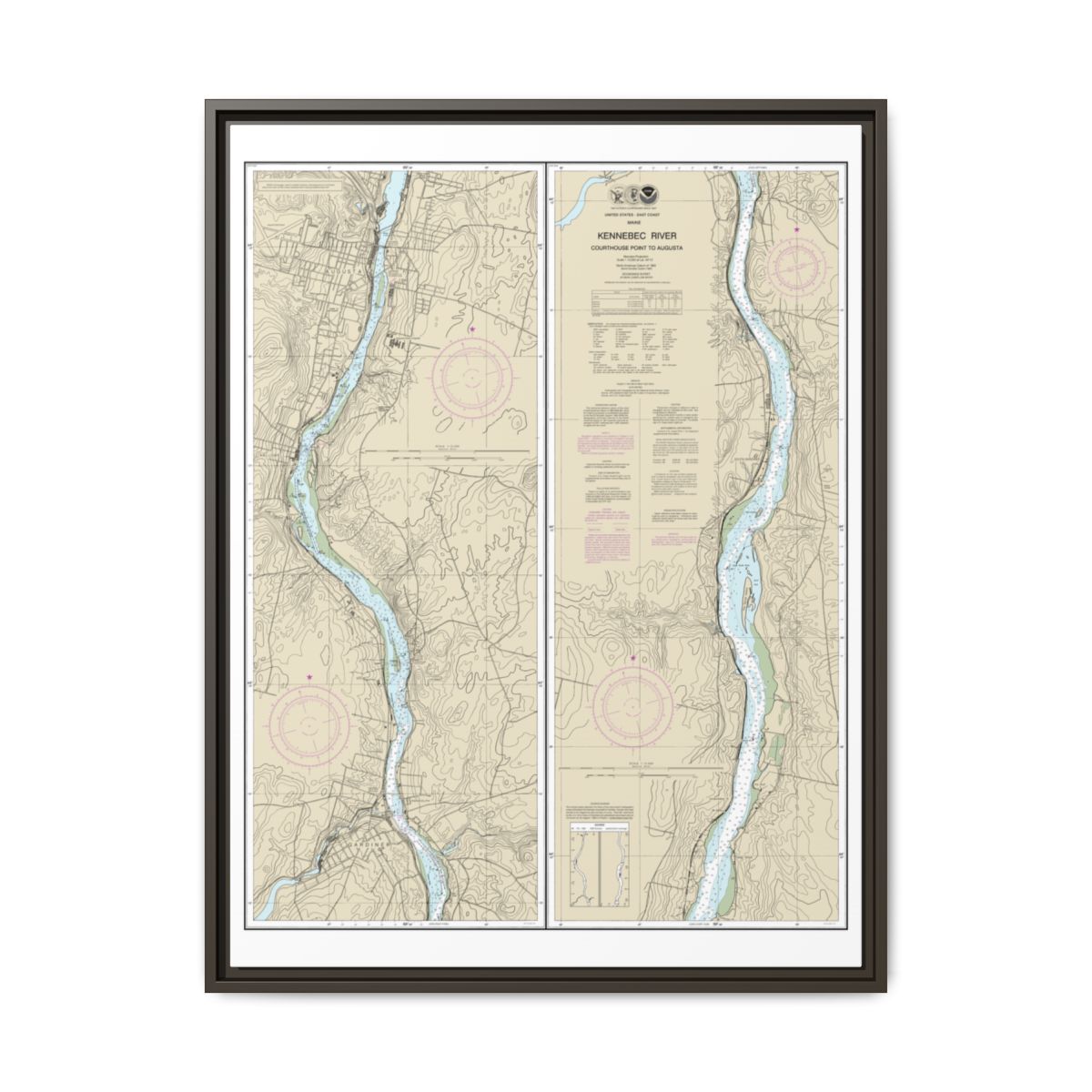 Chart 13297 Kennebec River Courthouse Point to Augusta - NOAA Nautical Chart Floating Frame Canvas | 24" x 32" | 30" x 40" - Espresso front