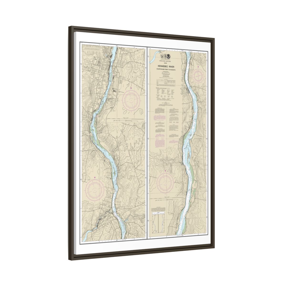 Chart 13297 Kennebec River Courthouse Point to Augusta - NOAA Nautical Chart Floating Frame Canvas | 24" x 32" | 30" x 40" - Espresso side