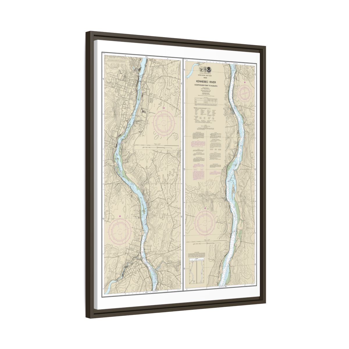 Chart 13297 Kennebec River Courthouse Point to Augusta - NOAA Nautical Chart Floating Frame Canvas | 24" x 32" | 30" x 40" - Espresso side