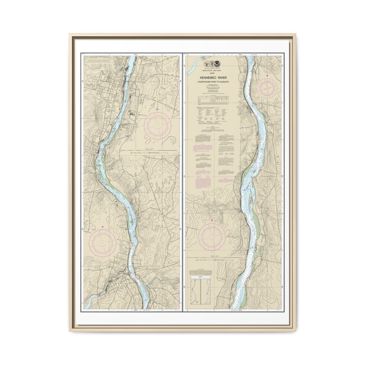 Chart 13297 Kennebec River Courthouse Point to Augusta - NOAA Nautical Chart Floating Frame Canvas | 24" x 32" | 30" x 40" - Natural front