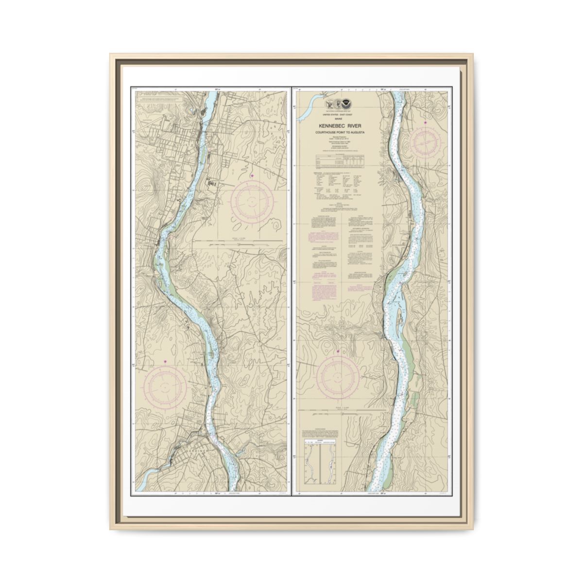 Chart 13297 Kennebec River Courthouse Point to Augusta - NOAA Nautical Chart Floating Frame Canvas | 24" x 32" | 30" x 40" - Natural front