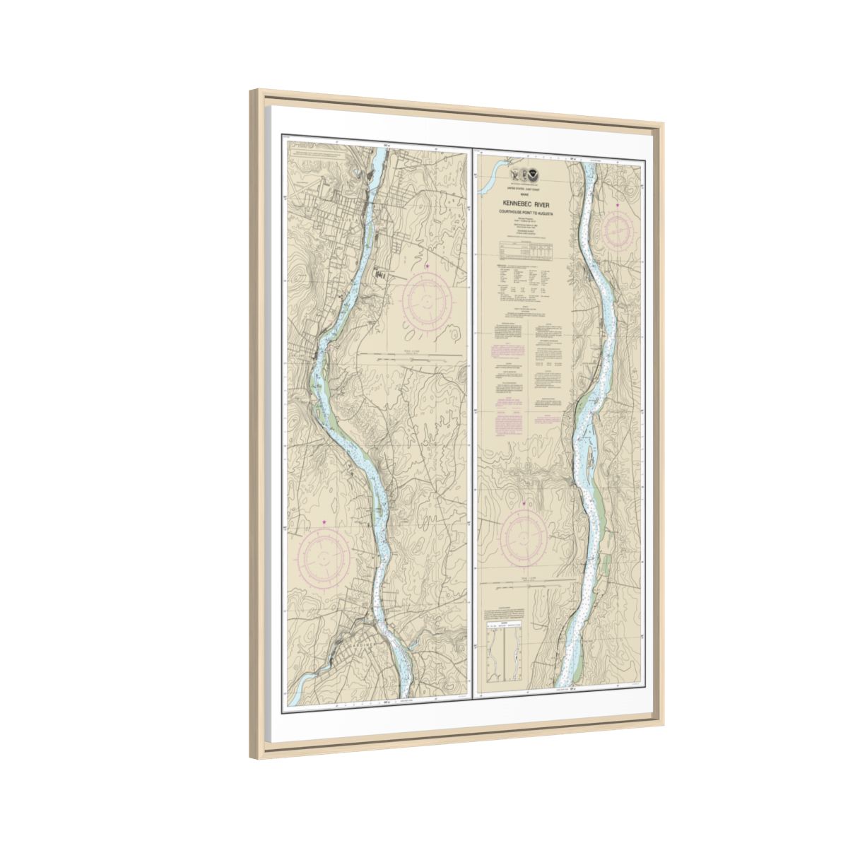 Chart 13297 Kennebec River Courthouse Point to Augusta - NOAA Nautical Chart Floating Frame Canvas | 24" x 32" | 30" x 40" - Natural side