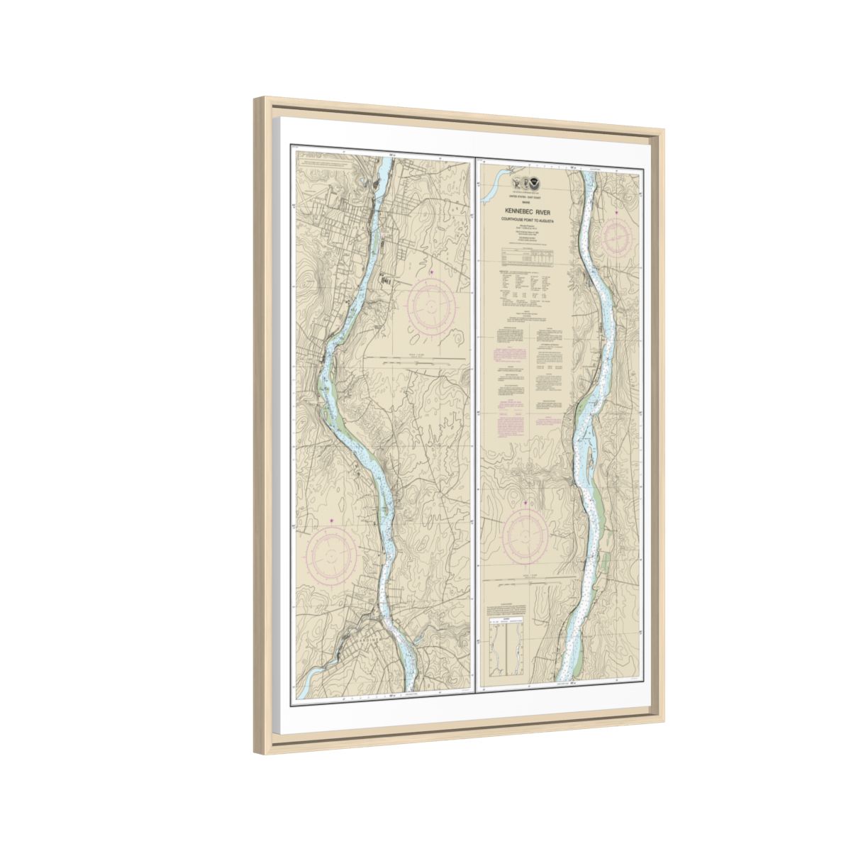 Chart 13297 Kennebec River Courthouse Point to Augusta - NOAA Nautical Chart Floating Frame Canvas | 24" x 32" | 30" x 40" - Natural side