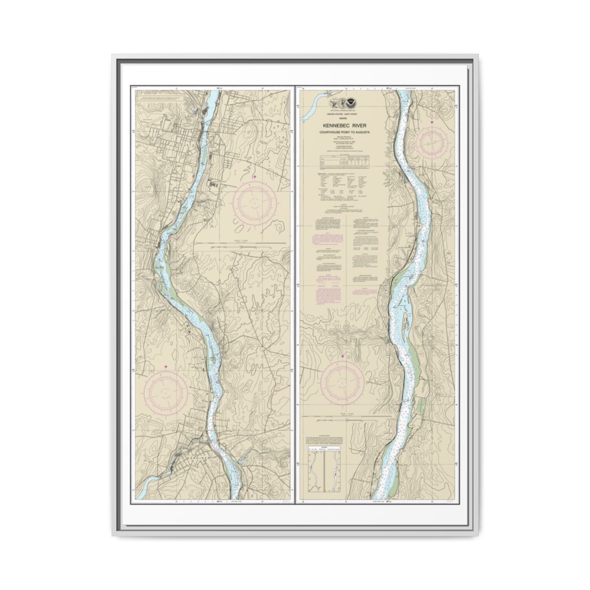 Chart 13297 Kennebec River Courthouse Point to Augusta - NOAA Nautical Chart Floating Frame Canvas | 24" x 32" | 30" x 40" - White front