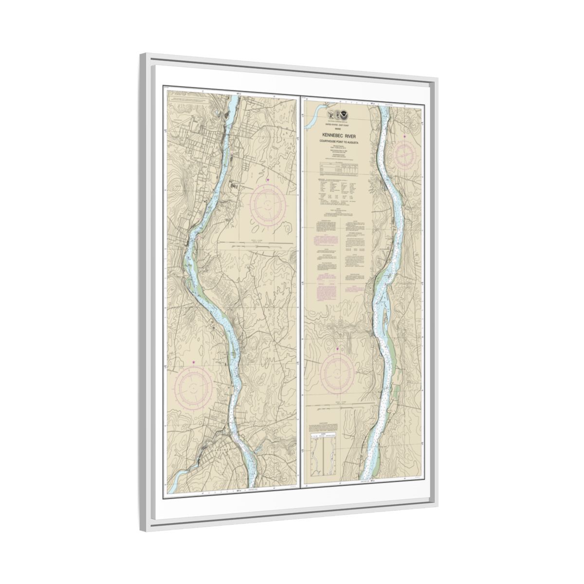 Chart 13297 Kennebec River Courthouse Point to Augusta - NOAA Nautical Chart Floating Frame Canvas | 24" x 32" | 30" x 40" - White side