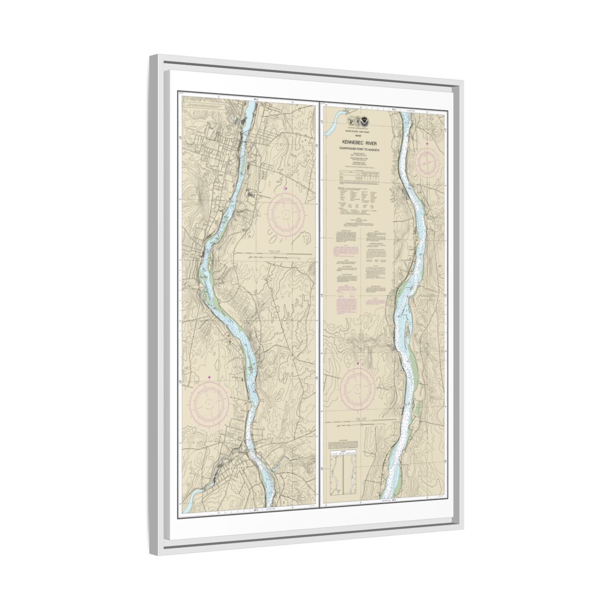 Chart 13297 Kennebec River Courthouse Point to Augusta - NOAA Nautical Chart Floating Frame Canvas | 24" x 32" | 30" x 40" - White side