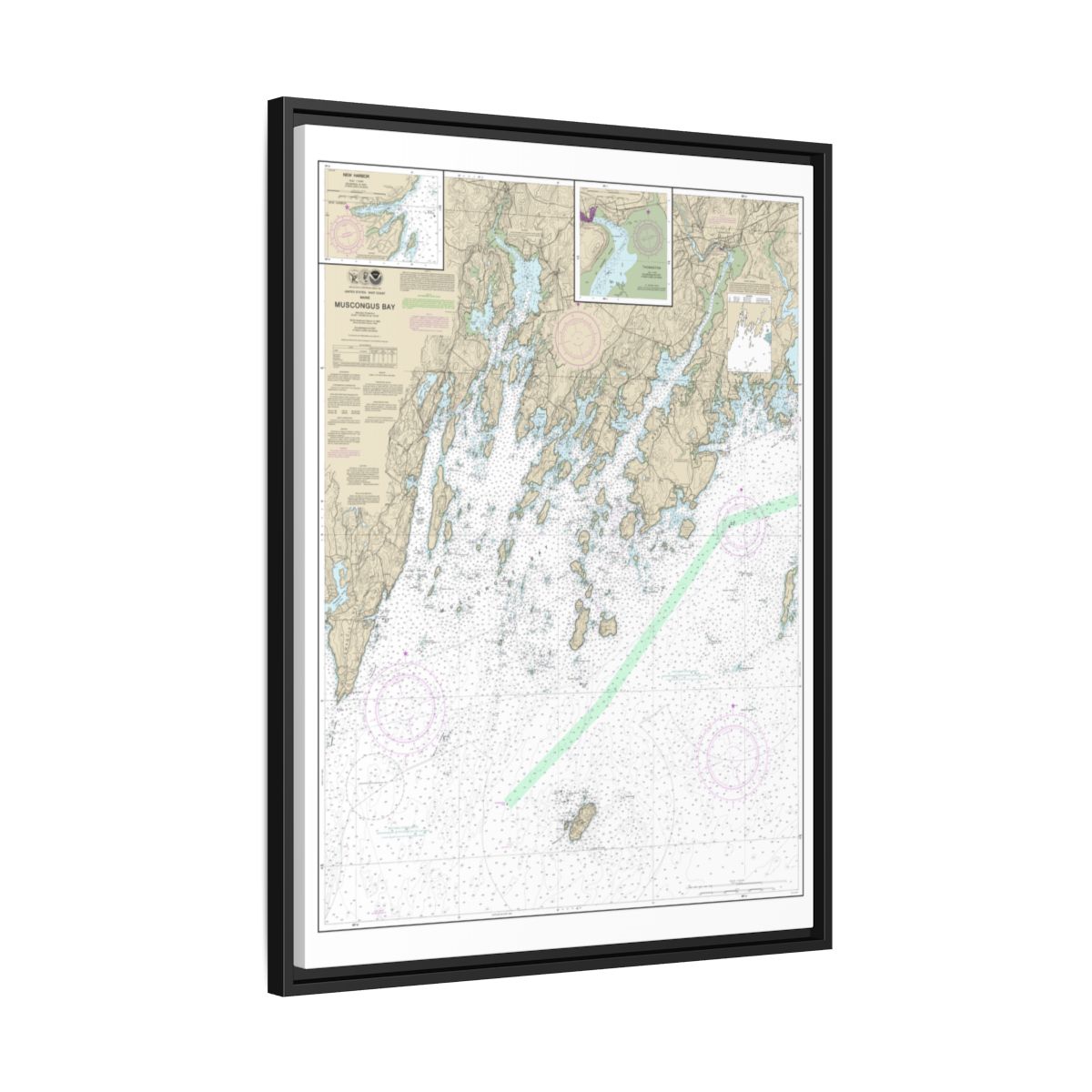 Chart 13301 Muscongus Bay;New Harbor;Thomaston - NOAA Nautical Chart Floating Frame Canvas | 24" x 32" | 30" x 40" - Black side