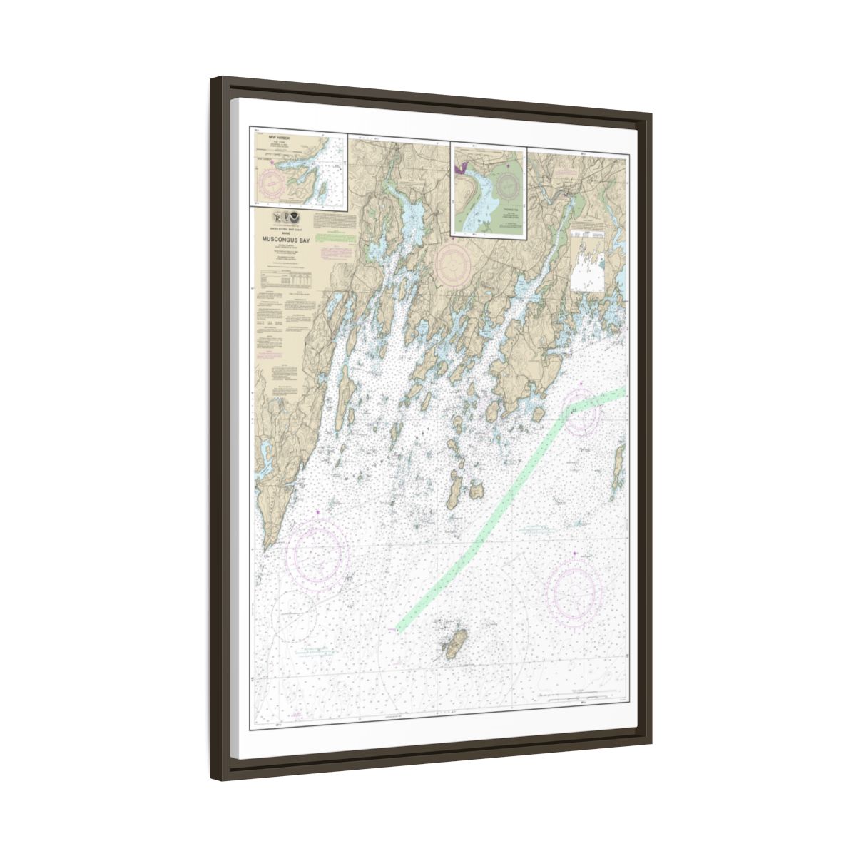 Chart 13301 Muscongus Bay;New Harbor;Thomaston - NOAA Nautical Chart Floating Frame Canvas | 24" x 32" | 30" x 40" - Espresso side