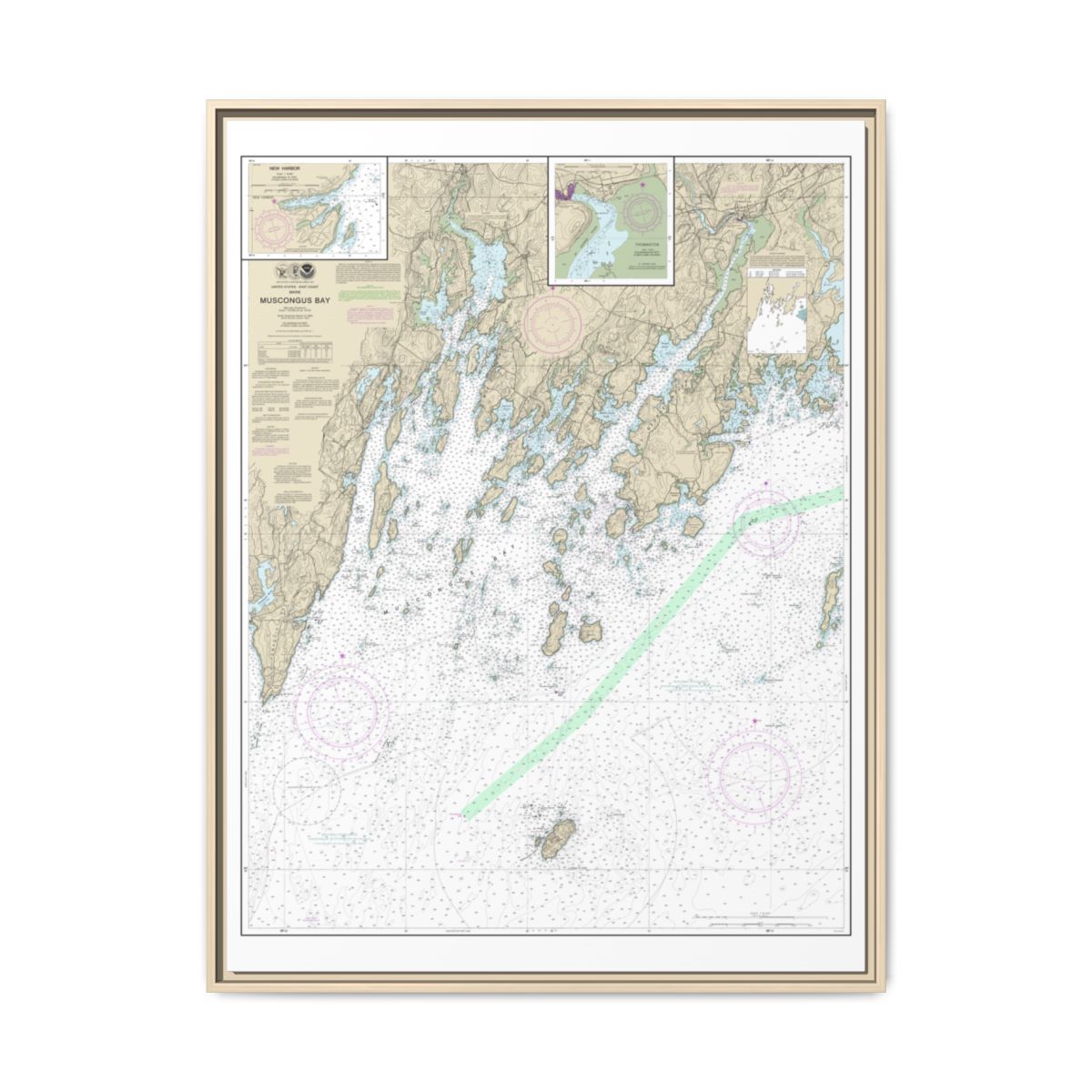 Chart 13301 Muscongus Bay;New Harbor;Thomaston - NOAA Nautical Chart Floating Frame Canvas | 24" x 32" | 30" x 40" - Natural front