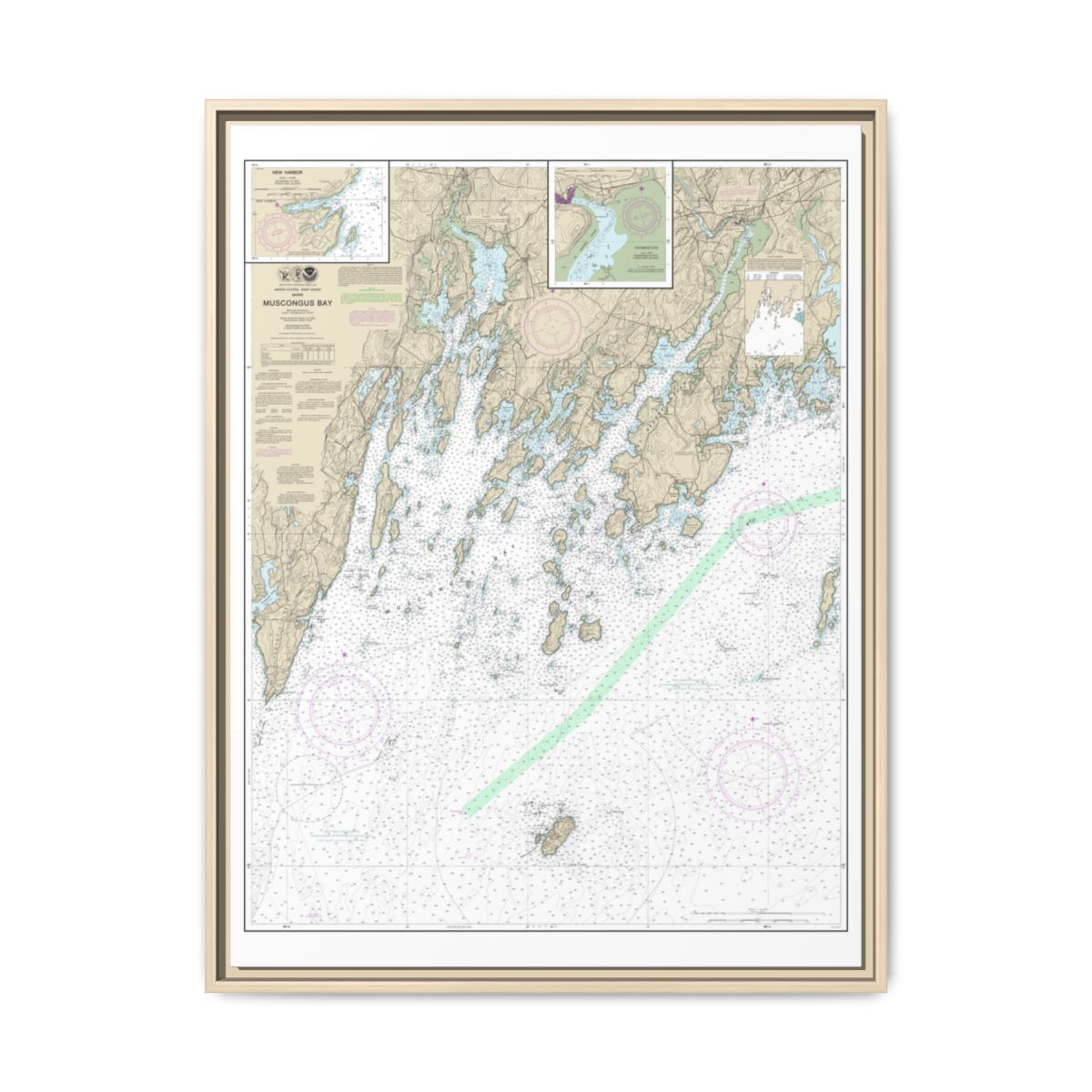 Chart 13301 Muscongus Bay;New Harbor;Thomaston - NOAA Nautical Chart Floating Frame Canvas | 24" x 32" | 30" x 40" - Natural front
