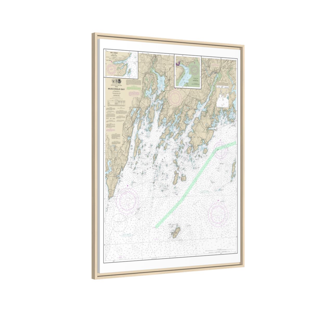 Chart 13301 Muscongus Bay;New Harbor;Thomaston - NOAA Nautical Chart Floating Frame Canvas | 24" x 32" | 30" x 40" - Natural side