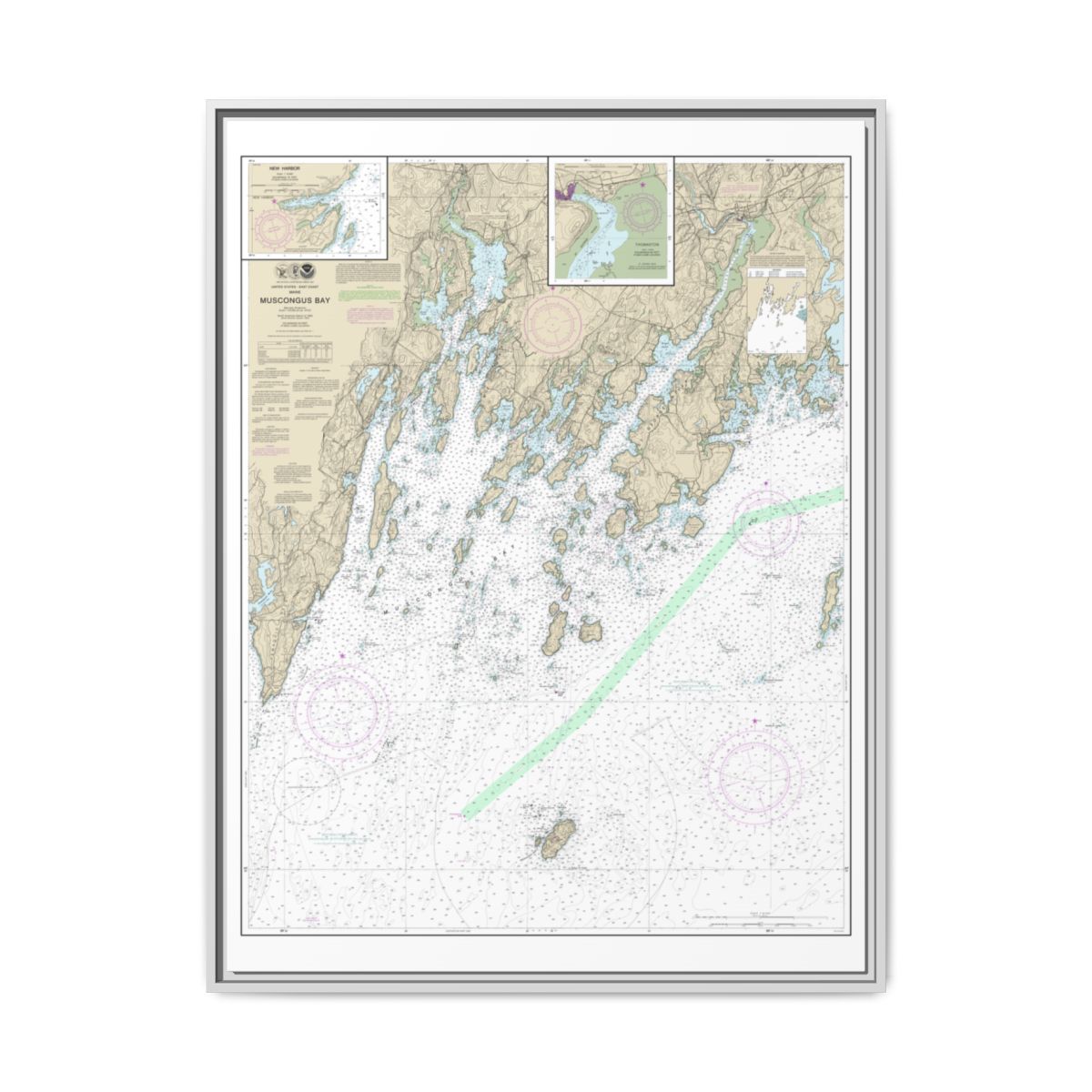 Chart 13301 Muscongus Bay;New Harbor;Thomaston - NOAA Nautical Chart Floating Frame Canvas | 24" x 32" | 30" x 40" - White front