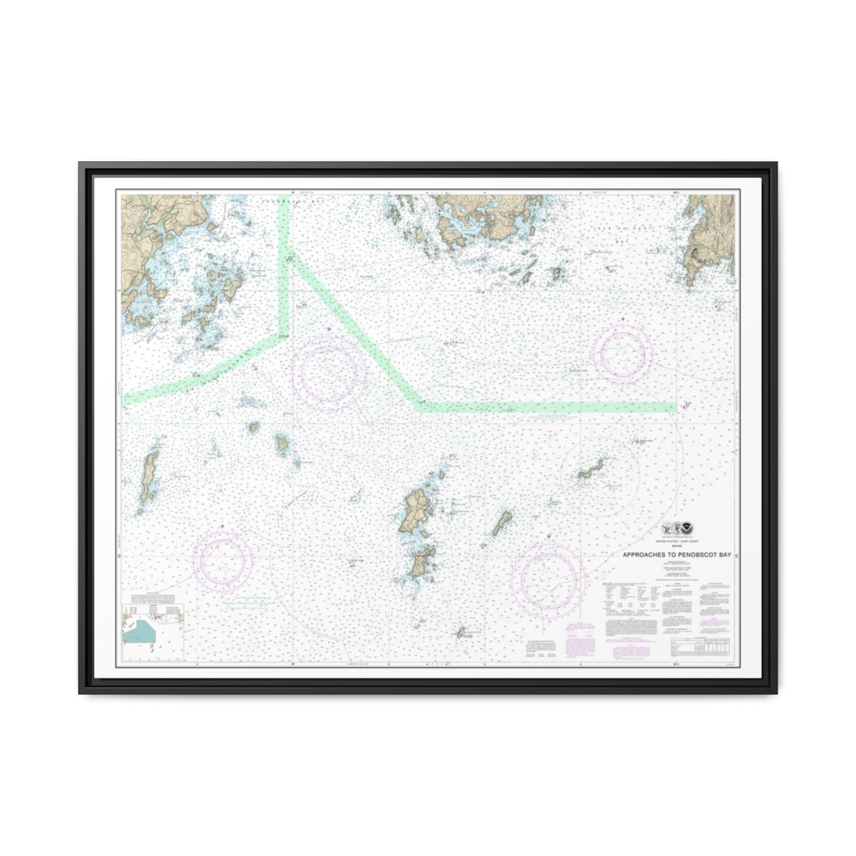 Chart 13303 Approaches to Penobscot Bay - NOAA Nautical Chart Floating Frame Canvas | 32" x 24" | 40" x 30" - Black front