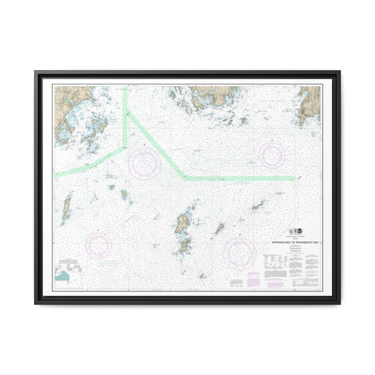 Chart 13303 Approaches to Penobscot Bay - NOAA Nautical Chart Floating Frame Canvas | 32" x 24" | 40" x 30" - Black front