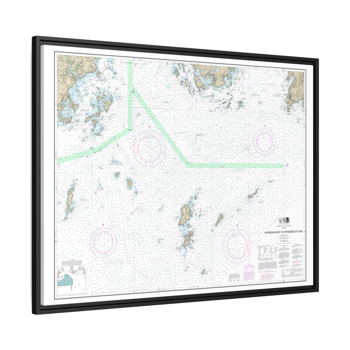 Chart 13303 Approaches to Penobscot Bay - NOAA Nautical Chart Floating Frame Canvas | 32" x 24" | 40" x 30" - Black side